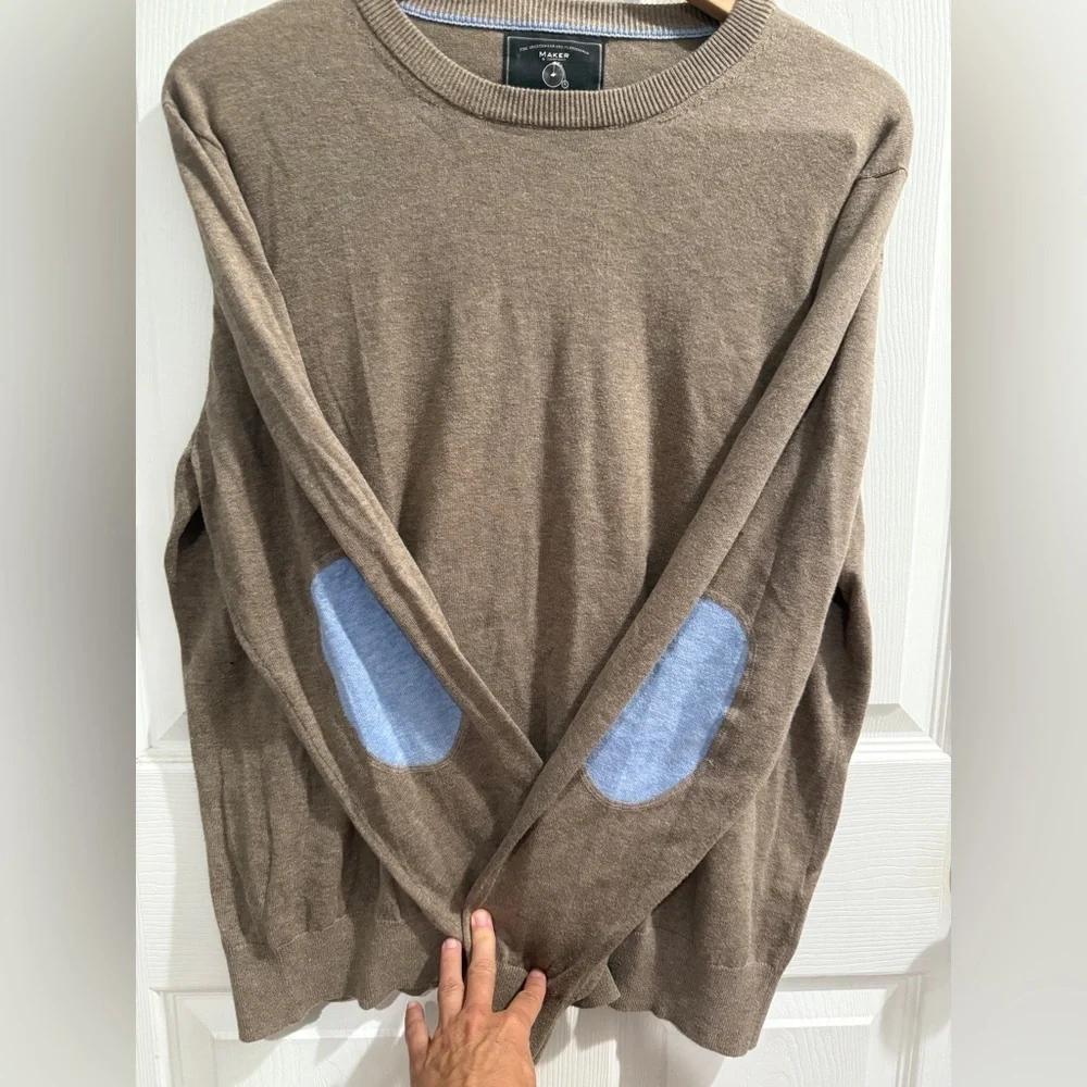 Tan Crewneck Sweater Periwinkle Blue Elbow Patches Ribbed Cuffs 100% Cotton